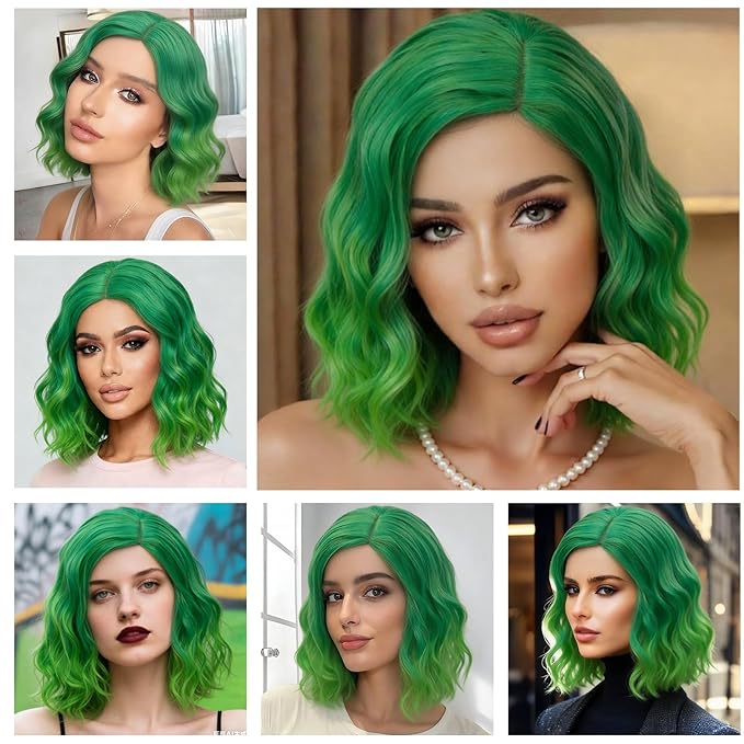 BUFASHION 14" Women Short Ombre Green Kinky Straight Cosplay Synthetic Wigs With Air Bangs 46 Colors Available (Ombre Green 2)