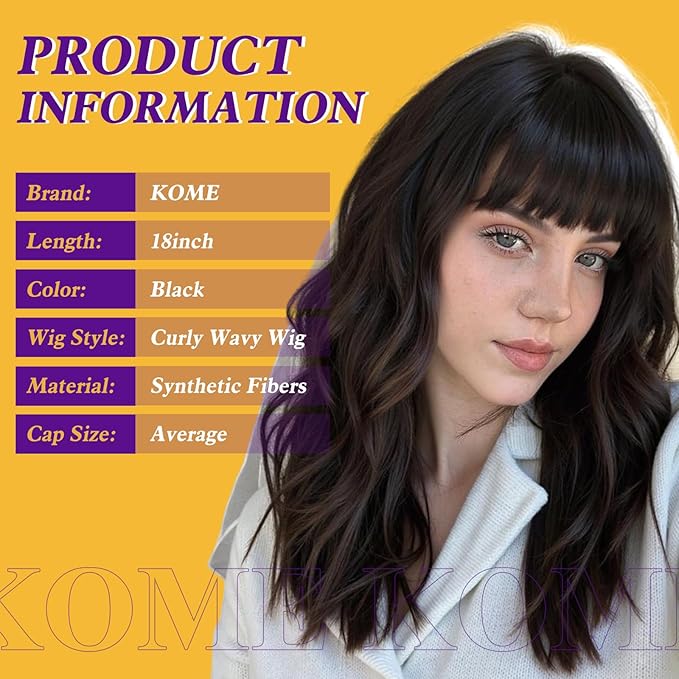 Black Wig with Bangs,Black Wavy Wigs for Women,Shoulder Length Curly Synthetic Hair Wig for Party Daily Use 18IN…