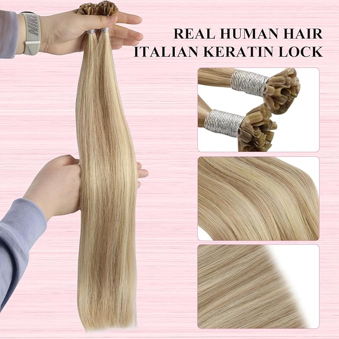YoungSee U Tip Hair Extensions Human Hair Blonde Highlight U Tips Remy Hair Extensions Blonde Ktips Hair Extension Real Human Hair for Short Hair Keratin Hair Extension for Women 14In 1G/S 50G