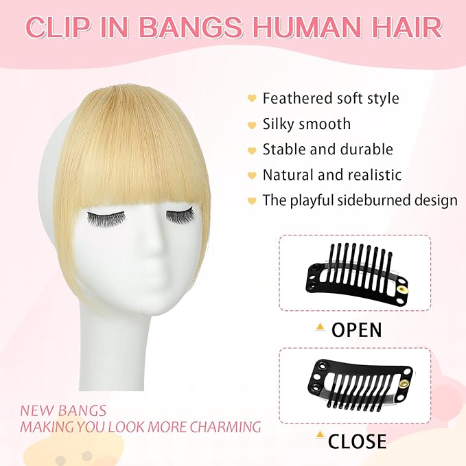Clip in Bangs 100% Real Human Hair, French Bangs Hair Clip, Fake Bang Fringe with Temples Hairpieces for Women Daily Wear (Blonde, French Bangs)