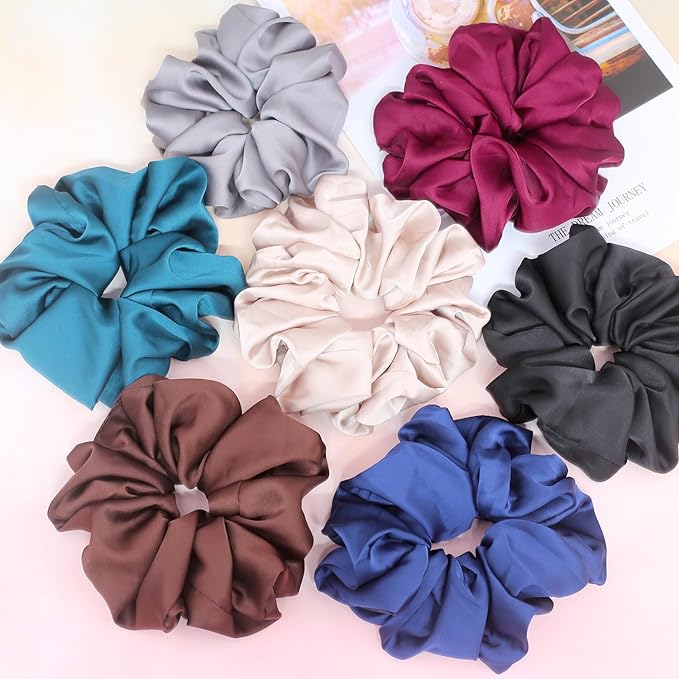 IVARYSS Big Scrunchies for Women Thick Hair, Premium Satin Softer than Silk, XL 6 Inch Extra Large Scrunchy Elastic Hair Bands Accessories, 6 Pack, Neutral