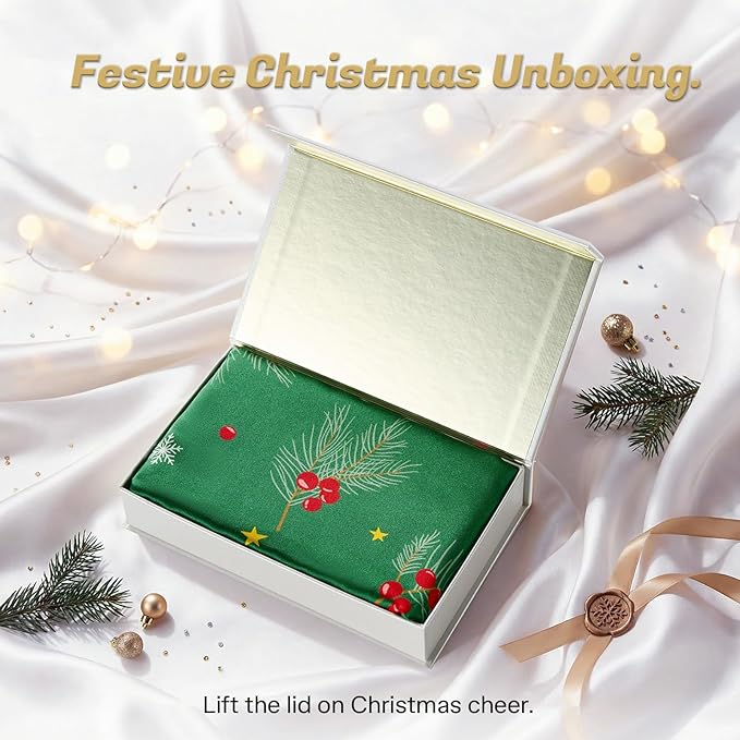 THXSILK Christmas Style 6A+ Grade Mulberry Silk Pillowcase for Hair and Skin, 22 Momme 100% Pure Silk Pillow Case with Hidden Zipper, Christmas Holly Printed Pillow Cover(Standard Size 20"x26", Green)