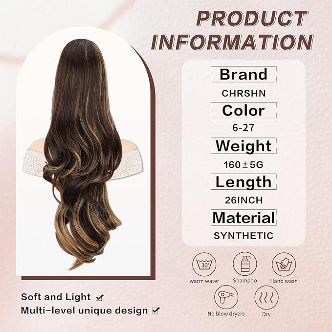 Ponytail Extension, Drawstring Ponytail Extension for Women 26 Inch Long Wavy Highlight Pony Tails Hair Extensions Synthetic Clip in Ponytail Hairpiece for Women Brown with Blonde Highlights
