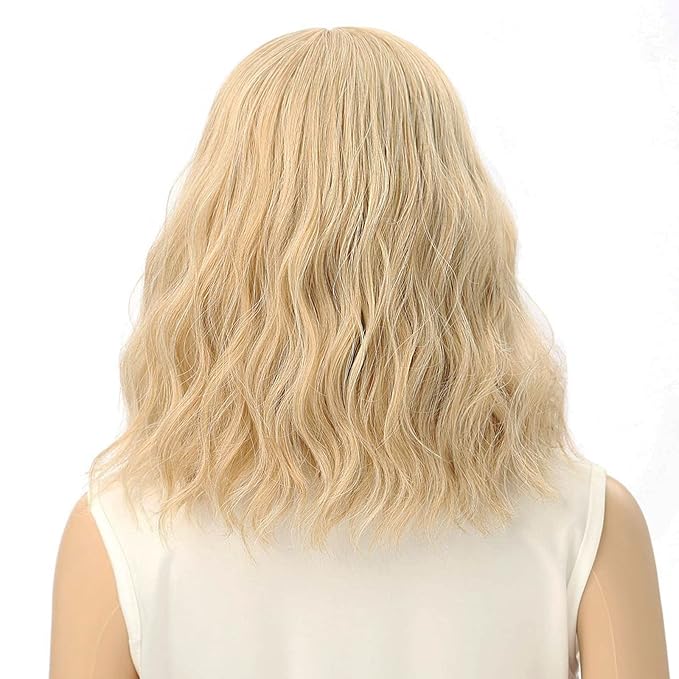 FAELBATY Blonde Wave Short Bob Wigs With Air Bangs Shoulder Length Wig For Women and Girls Curly Wavy Synthetic Cosplay Costume Wig (12" Mix blonde and gold)