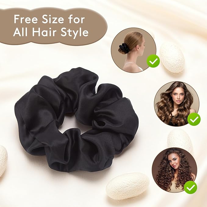 1 Pcs Silk Hair Ties, 22 Momme 100% Mulberry Hair Band, Silk Scrunchies for Women and Girls, 6A Grade No Damage Ponytail Holders (2.4in Width, Black)