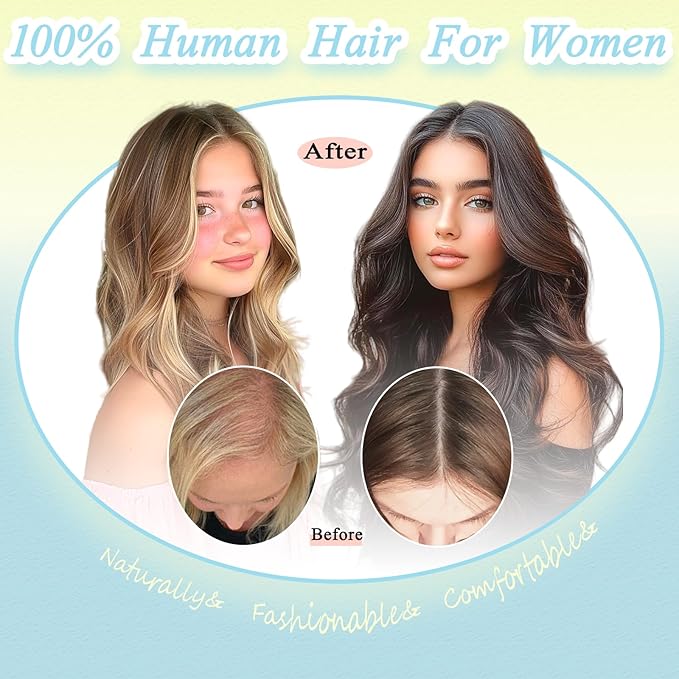 Hair Toppers for Women Real Human Hair, 360° 3D Toppers Pieces for Women with Thinning Crown Side Bangs 14 Inch Upgrade Big Basement (Medium Brown, 14 Inch Side Bangs)