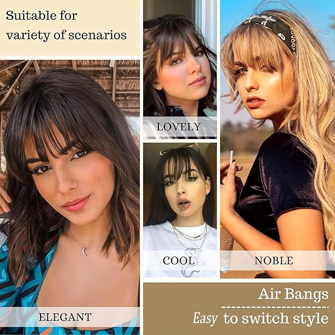 ORIGEN Clip in Bangs Real Human Hair Clip on Wispy Bangs Fringe with Temples Hairpieces Fake Front Bangs Extensions for Women Light Brown Color