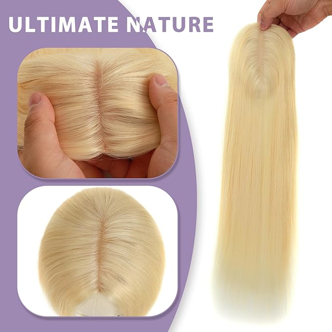 12 Inch Length Hair Toppers for Women with Thinning Hair, 3x5 Inch Injected Silk Base 130% Density Hairpieces #613 Bleach Blonde