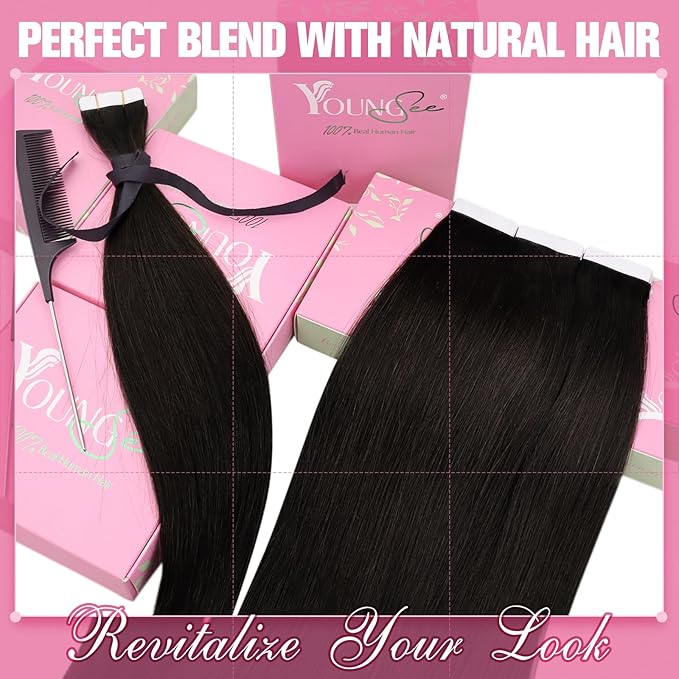 YoungSee Seamless Tape in Extensions Human Hair Dark Brown Tapes Hair Extensions Real Human Hair Brown Hair Extension Tape-in Remy 20 Inch 20pcs 50g Silky Straight Hair