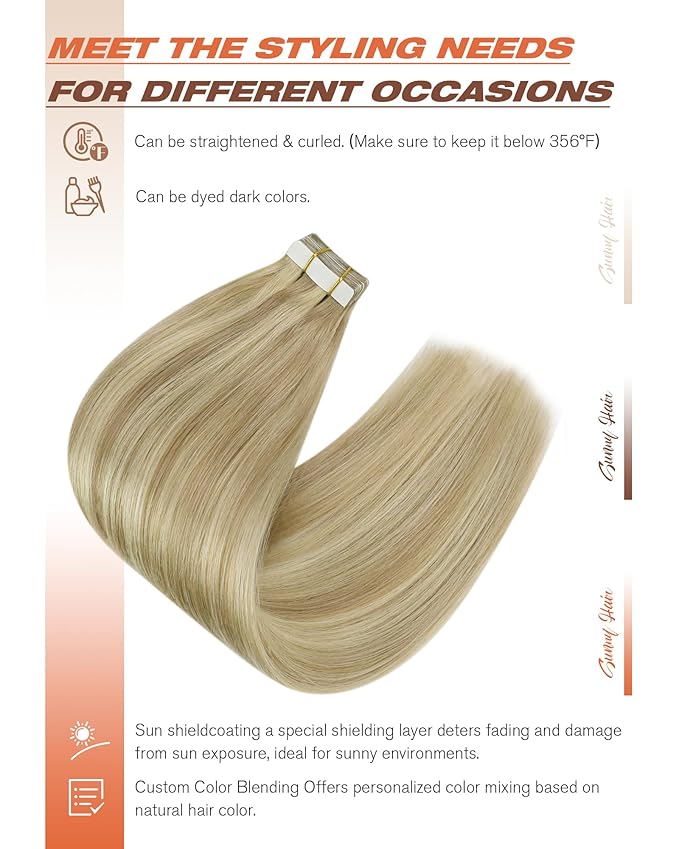 Sunny Hair Tape in Hair Extensions Real Human Hair Invisible Remy Hair Extensions Tape ins for Women Dark Blonde Highlights Light Blonde 20 inch 20Pcs 50G
