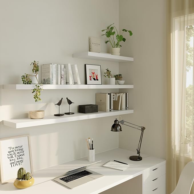 Large Floating Shelves for Wall Set of 2 Wooden Wall Shelves 24 in x 12.75 in x 2 in Room Decor Long Shelf with Invisible Wall Mount Bracket for Bedroom Kitchen Living Room White