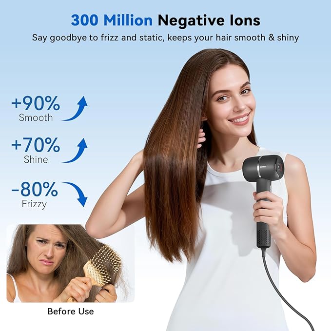 Hair Dryer with Smoothing Comb, 160000RPM High Speed Blow Dryer, Negative Ionic Hair Care, Fast Drying and Less Heat Damage, Thermo-Control Low Noise & Portable with Diffuser, Black