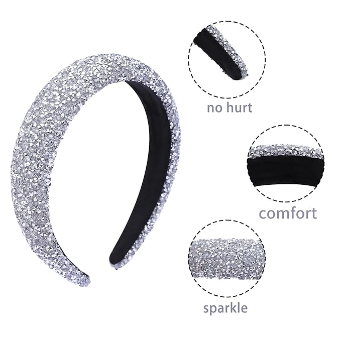2PCS Sparkle Wide Headband for Women Rhinestone Padded Headband Black Sliver Glitter Hairbands Comfort High Elastic Head Band Bling Hair Accessories for Womens Girls Hair