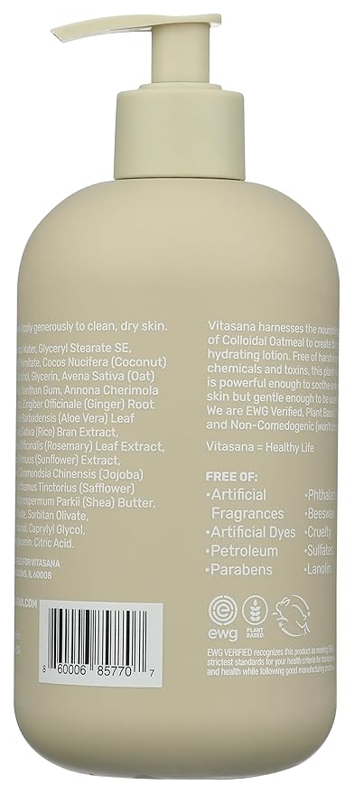 Vitasana Hydrating Hand & Body Lotion, 16 oz – Fragrance‑Free, 99% Plant‑Derived with 2% Colloidal Oatmeal, EWG Verified, Hypoallergenic, Paraben‑Free, Sulfate‑Free, Cruelty‑Free