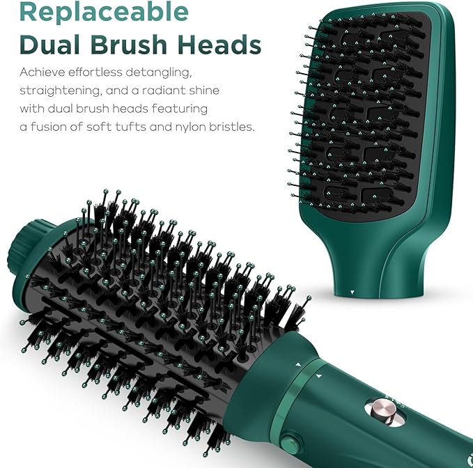 IG INGLAM Hair Dryer Brush, 4-in-1 Detachable Blow Dryer Brush, Ionic Diffuser Hair Dryer & Styler Volumizer with Oval Titanium Barrel, One-Step Hot Air Blowout Styler, Dark Green
