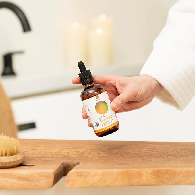 Organic Castor Oil, Cold Pressed in Glass Bottle for Naturally Nourishing Hair Care and Skincare, USDA Certified Organic 100% Pure Castor Oil, Hexane Free, 4 Fl Oz.