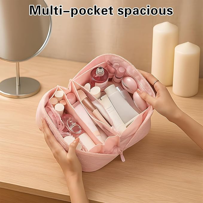 Cosmetic Bag for Travel, Large Capacity Pouch Purse Organizer, Waterproof Puffy Padded Make Up Toiletry Bag for Women (Pink)