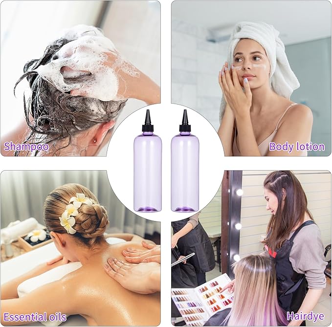 driew Applicator Bottles for Hair, 16.9oz Hair Squeeze Bottle for liquids Twist-On Top Tip Cap with Ratio Graduated Scale Color Applicator Bottle Dye Pack of 2 (16.9oz Clear Purple)