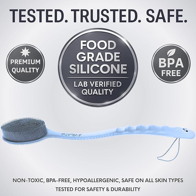 Avilana Silicone Body Scrubber – Gentle Shower Brush & Loofah Alternative- Food Grade & Lab Tested – Fast-Drying, Hygienic, BPA-Free Silicone Body Gentle Exfoliator (Blue, Long Handle)