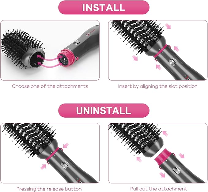 IG INGLAM 4 in 1 Hot Air Brush, Negative Ion Detachable Hair Styler & Volumizer with 2 Brush Heads, Updated Push Switch, Gray