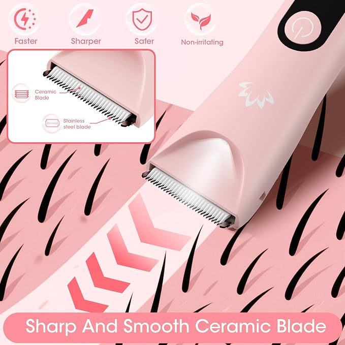 Bikini Trimmer for Women, Painless Pubic Hair Trimmer for Armpit Leg Arm Body Private Area,Rechargeable Womens Electric Razors Shaver LED Light Ceramic Blade IPX7 Waterproof Wet/Dry LCD Display,Pink