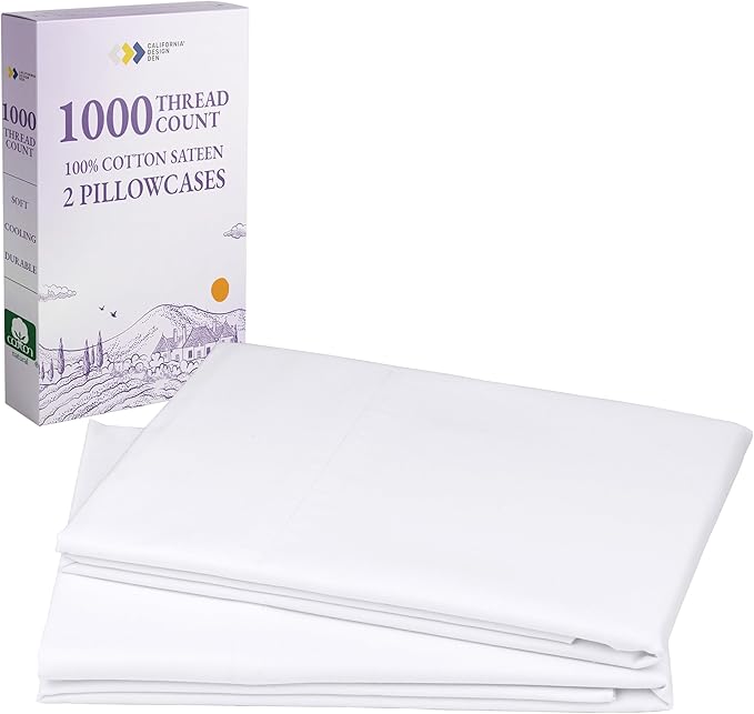 California Design Den Pillow Cases Standard Size Set of 2-1000 Thread Count Sateen, Soft and Thick 100% Cotton Pillowcases Queen/Standard, Durable - White