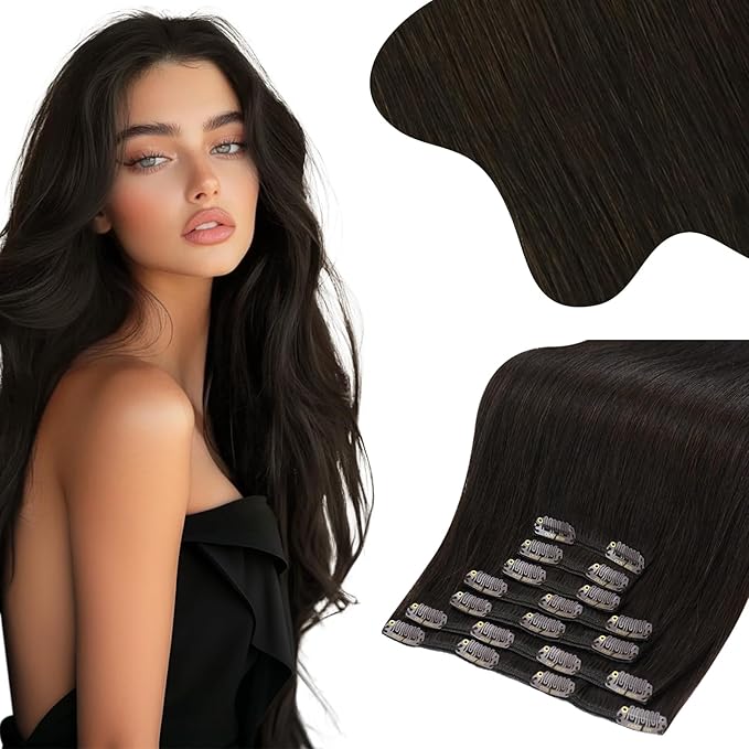 Moresoo Clip in Hair Extensions Real Human Hair Brown Human Hair Clip in Extensions Remy Double Weft Clip ins Human Hair Extensions Full Head Dark Brown #2 7pcs/135g 18inch