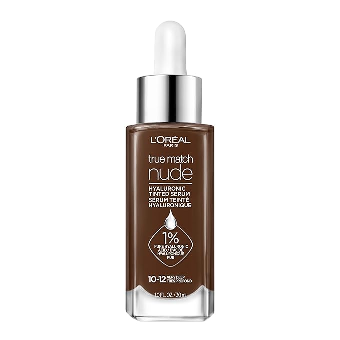 L'Oreal Paris True Match Nude Hyaluronic Tinted Serum Foundation with 1% Hyaluronic acid, Very Deep 10-12, 1 fl. oz.
