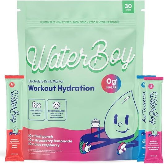 Waterboy Workout Hydration | 2,960mg Sugar Free Electrolyte Powder Packets | L-Glutamine + Vitamins | No Sugar, All Natural, Gluten Free (Variety)