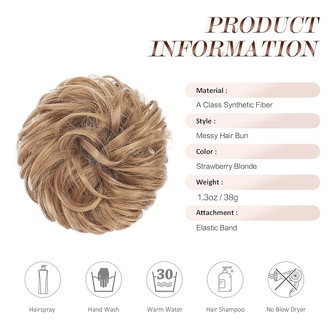 FESHFEN Messy Bun Hair Piece - Elastic Wavy Curly Hair Bun Scrunchies Extensions Synthetic Chignon Hairpieces for Women Girls, Strawberry Blonde 1.5 oz