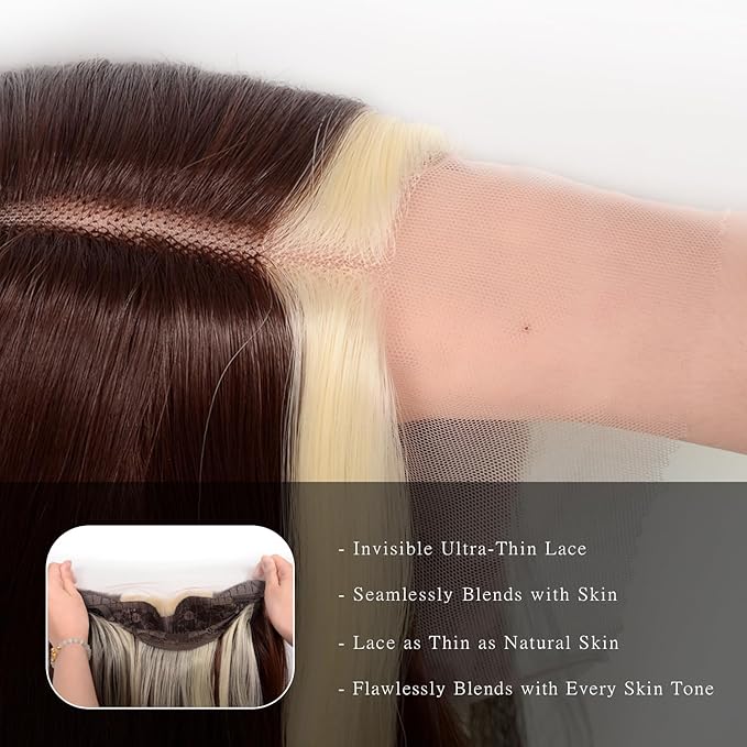 Brown Mix Blonde Long Straight Layered Wig 26 Inches Long Straight Wigs for Women Synthetic Lace Front Wig Middle Part Synthetic Wigs for Daily Cosplay Party Use(#Brown Mix Blonde, 26 Inch)