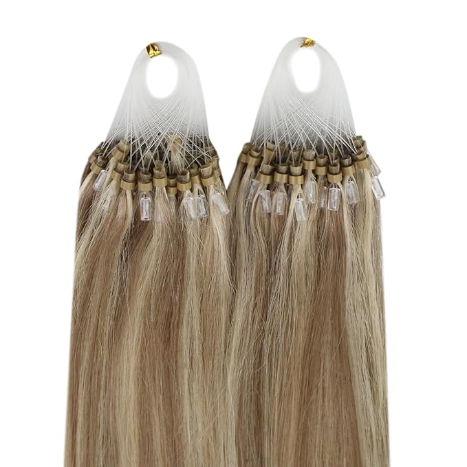 YoungSee Micro Bead Hair Extensions Real Human Hair Highlight Microbead Hair Extensions Human Hair Light Brown Mix Blonde Highlight Micro Link Hair Extension Remy Hair Silky Straight 22Inch 50s 50g