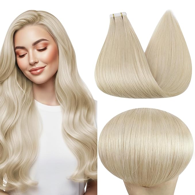 Full Shine Tape in Hair Extensions Human Hair Color 60 Platinum Blonde Remy Tape Extensions Human Hair 24Inch Long Seamless Invisible Skin Weft for Women 20Pcs 50Gram Straight Add Length