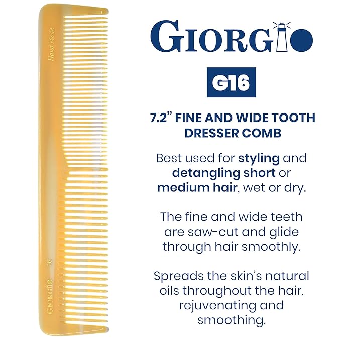 Giorgio GIVY16 Fine and Wide Tooth Handmade Detangler Comb - Hair Styling and Detangling Saw Cut Barber Comb for Men and Women