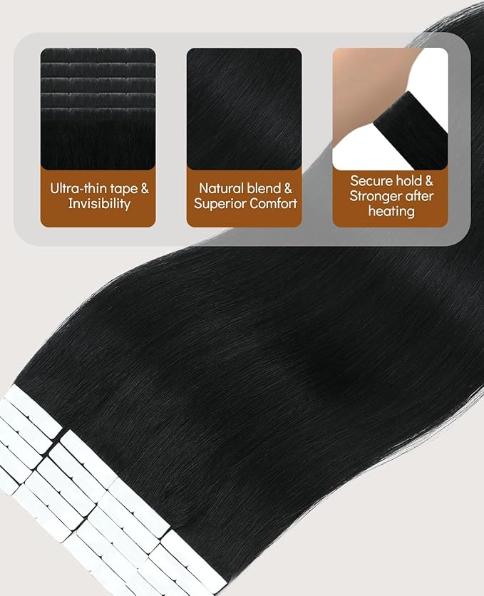 VINBAO Invisible Hair Extensions Tape in Invisi Edge, Jet Black 18in 50g 20pcs, Hand-Tied Virgin Human Hair Tape ins Pro Quality Seamless Blend Silky Straight 18inch #1