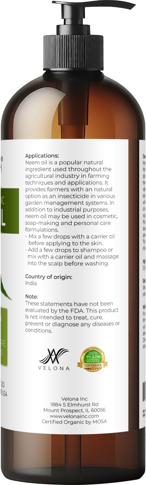 velona Neem Oil USDA Certified Organic - 16 Fl Oz | 100% Pure and Natural Carrier Oil | Virgin, Unrefined, Cold Pressed | Hair, Body and Skin Care | Use Today - Enjoy Results