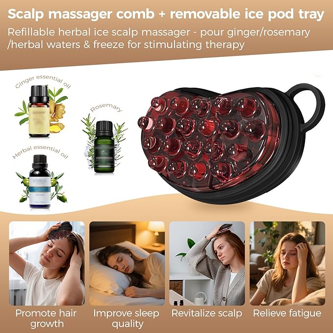 Ice Compress Scalp Massager Hair Growth Massage Comb - Upgraded Raised Dot Ice Tray Design for Tension Headache Relief and Scalp Care (Black)