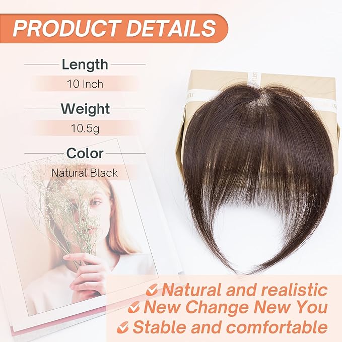 Benehair Clip on Bangs for Women Human Hair, Fake Bangs Human hair, French Bangs Clip in Hair Extensions Hair Pieces with Temples for Daily Wear (Dark Brown)