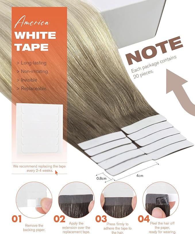 Sunny Hair Tape in Hair Extensions Real Human Hair Invisible Remy Hair Extensions Tape ins for Women Light Brown Root to Platinum Blonde Balayage 16 inch 20Pcs 50G