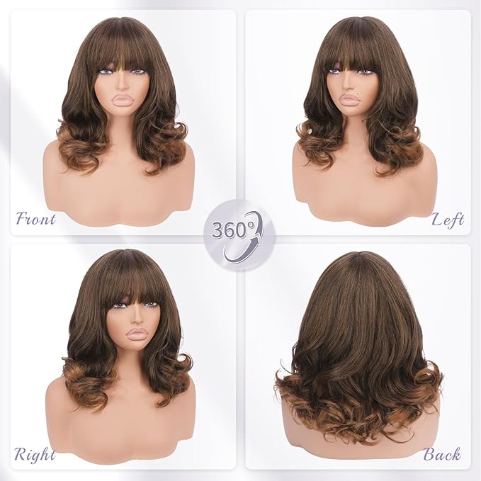 Wig with Bangs for Women | 16 Inch Layered Body Wave Synthetic Wig | Heat Resistant Yaki Fiber Natural Looking Shoulder Length Wigs | Synthetic Wig for Daily Wear - Auburn Mix Dark Brown