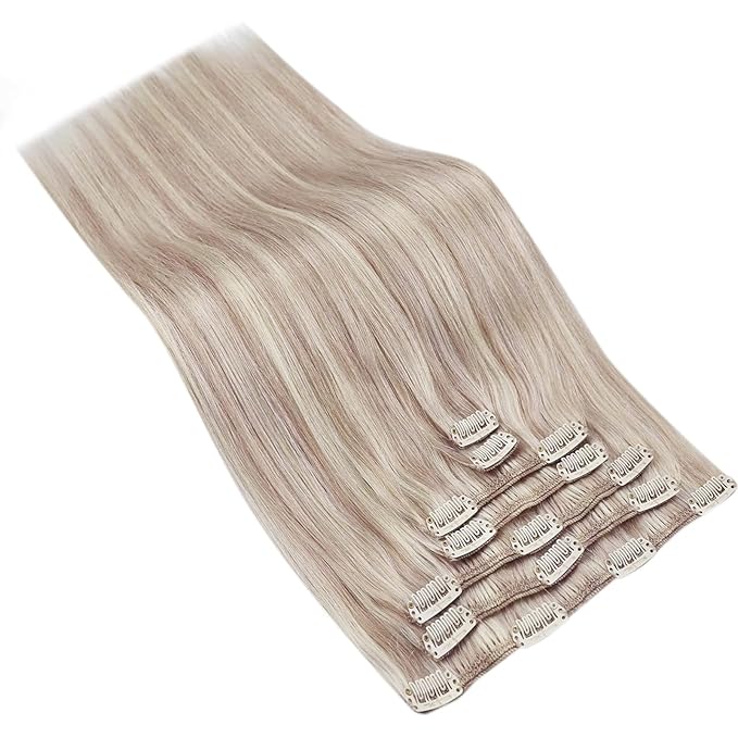 Ve Sunny Clip in Hair Extensions Real Human Hair 20inch Remy Hair Extensions for Women Real Hair Ash Blonde Highlight Bleach Blonde Hair Double Weft 7pcs 120g