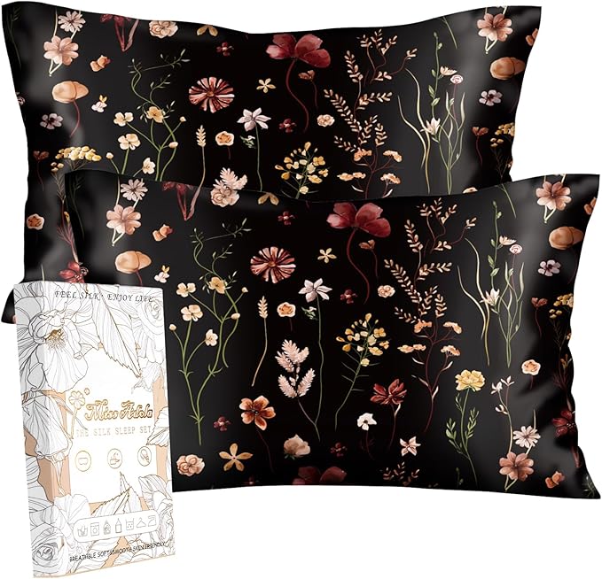 2 Pack Mulberry Silk Pillowcase for Hair and Skin - Standard Size 20 x 26 Inches with Hidden Zipper BK Grow Flower 19 Momme Soft Sleeping Silk Pillow Case for Women, Moms