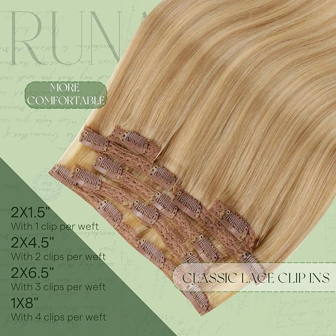 RUNATURE Clip in Hair Extensions Real Human Hair, Blonde Human Hair Clip in Extensions, Double Weft Full Head Remy Hair Extensions Clip Ins, Tangle-free 16 Inch 120g 7pcs #16P24 Blonde Highlights