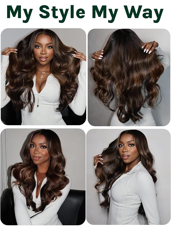 KLAIYI Ombre Brown V Part Wig Body Wave Human Hair Upgrade U Part Wig with Dark Roots Glueless Chestnut Brown Clip in Half Wig No Glue No Leave Out Beginner Wigs for Women Wear and Go Wig 150% 14Inch