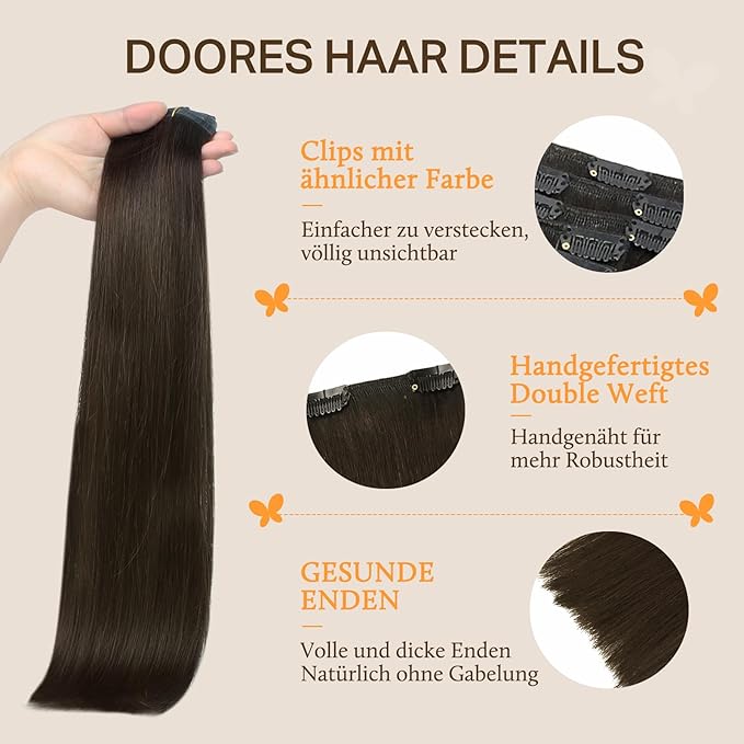 DOORES Clip in Hair Extensions Dark Brown 120g 7pcs 20 Inch Remy Human Hair Extensions Clip in Real Hair Extensions Natural Hair Straight Thick