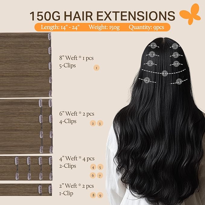 DOORES Clip in Hair Extensions, Light Ash Brown 150g 9pcs 24 Inch, Hair Extensions for Women Remy Natural Clip in Thick Silky Straight Weft