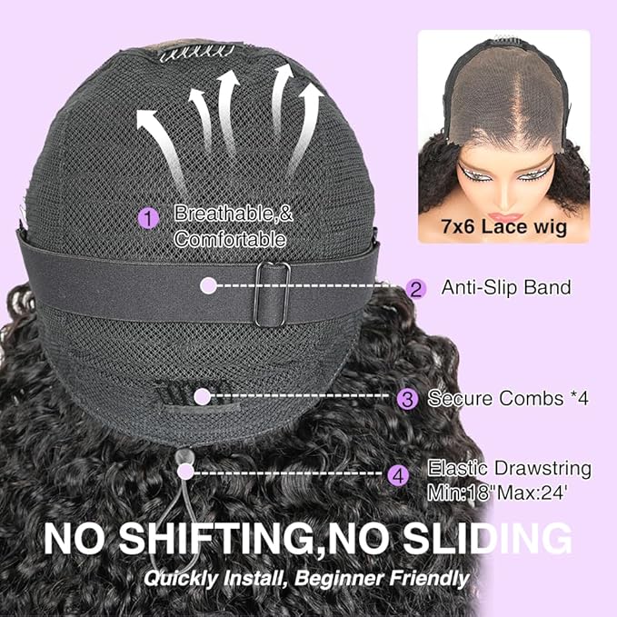 7x6 Burmese Curly Glueless Wigs Human Hair Pre Plucked Pre Cut 250% Density Drawstring Wig Human Hair 7x6 HD Lace Front Wigs Human Hair for Black Women Wear and Go Glueless Wig Natural Color 18inch