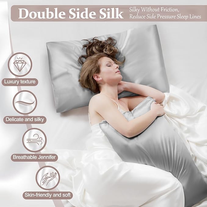 2 Pack 100% Pure Silk Pillowcase for Hair and Skin, Both Sides Mulberry Silk Pillowcases with Hidden Zipper, Cooling Pillowcase 19 Momme, 600 Thread Silk Pillow Cases King Size, Gray
