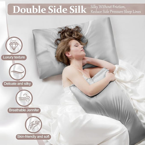 2 Pack 100% Pure Silk Pillowcase for Hair and Skin, Both Sides Mulberry Silk Pillowcases with Hidden Zipper, Cooling Pillowcase 19 Momme, 600 Thread Silk Pillow Cases King Size, Gray