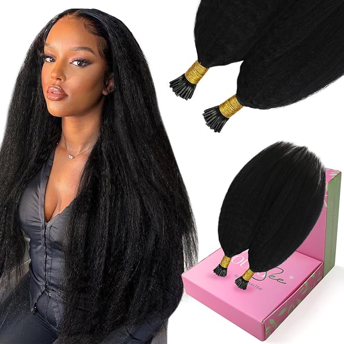 YoungSee I Tip Hair Extensions Kinky Straight Black Itip Hair Extensions Real Human Hair Black 20In 50g I Tip Hair Extensions Human Hair Kinky 50s Invisible Hair Extensios Yaki Straight for Wedding